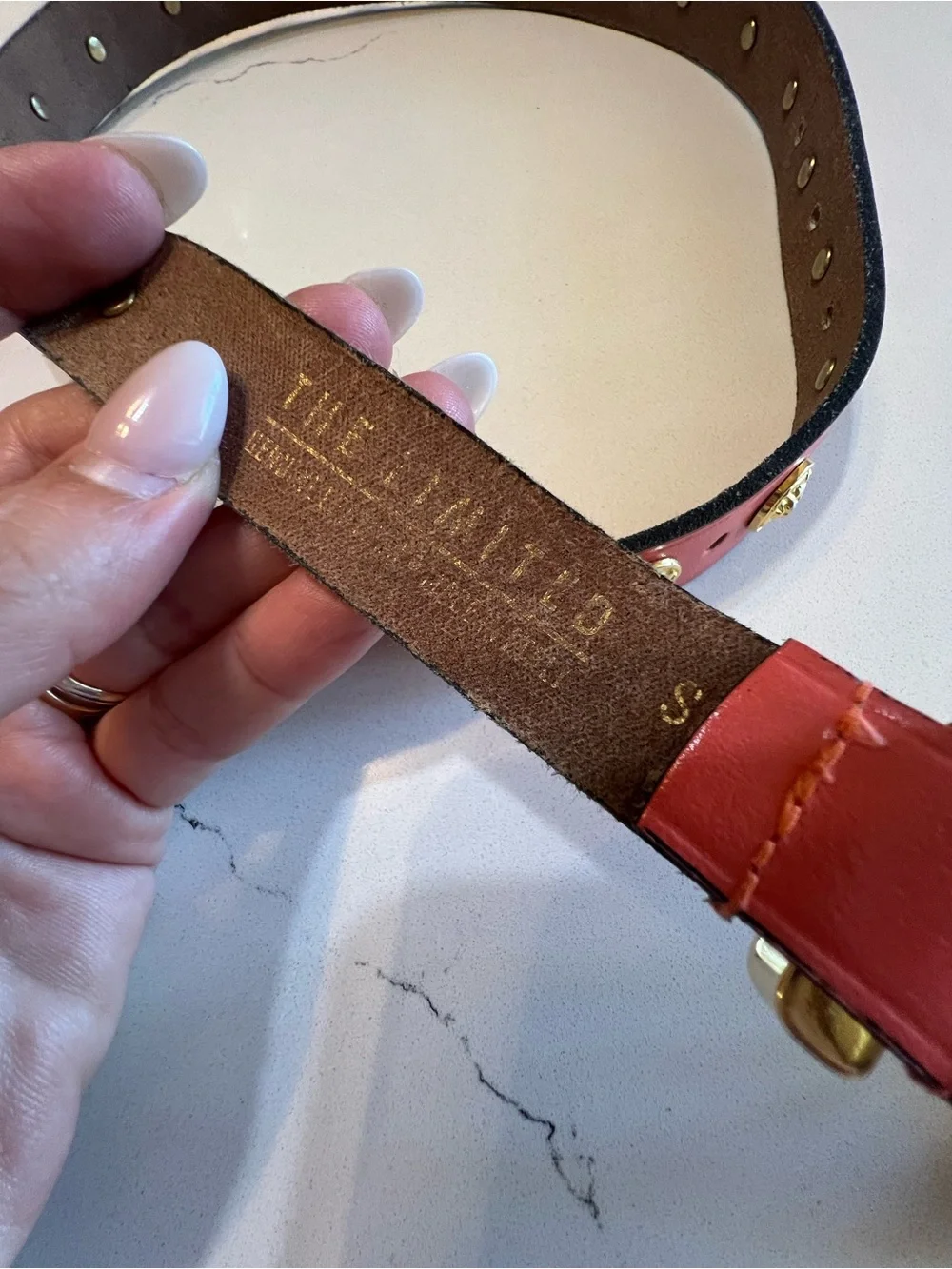 The Limited Belt Gold Lion Medallion Coral Leather Studded Belt Small S preloved